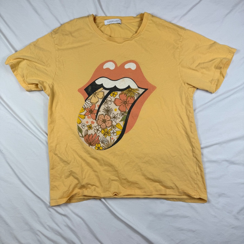 Daydreamer Rolling Stones Floral Tongue Graphic Tee Yellow Medium